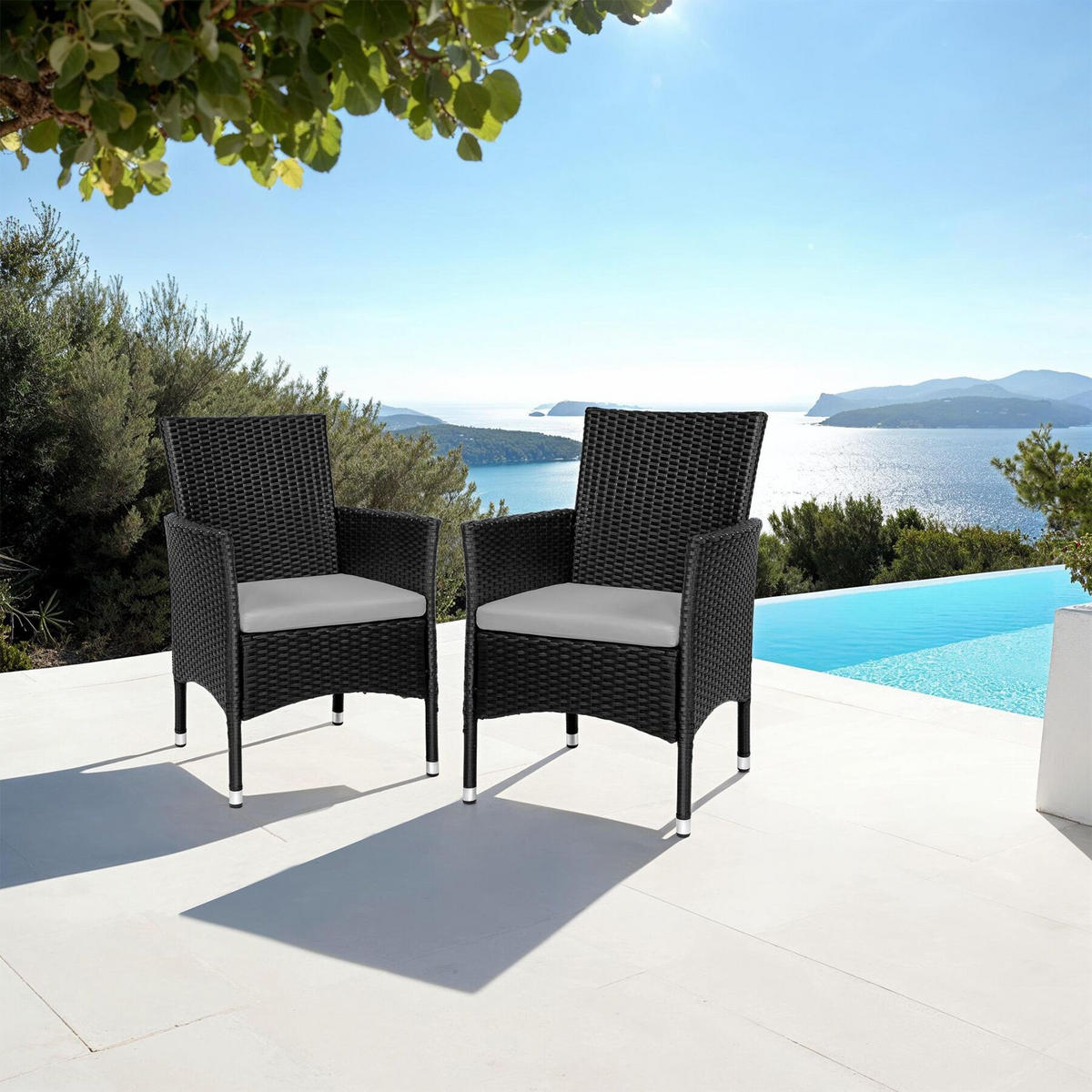 RATTANSTUHL 2er Set Nantes,59 x 57 x 85 cm,schwarz/beige - Beige/Schwarz, Kunststoff (57/85/59cm) - tectake