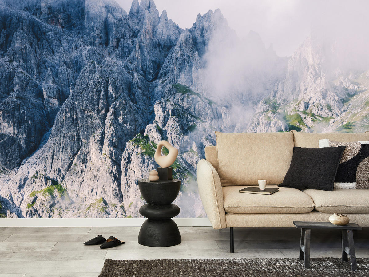 FOTOTAPETE für Wohnzimmer Felsige Berge Nebel Moos 500x350 - Blau/Weiß, Papier (500/350cm) - Muralo