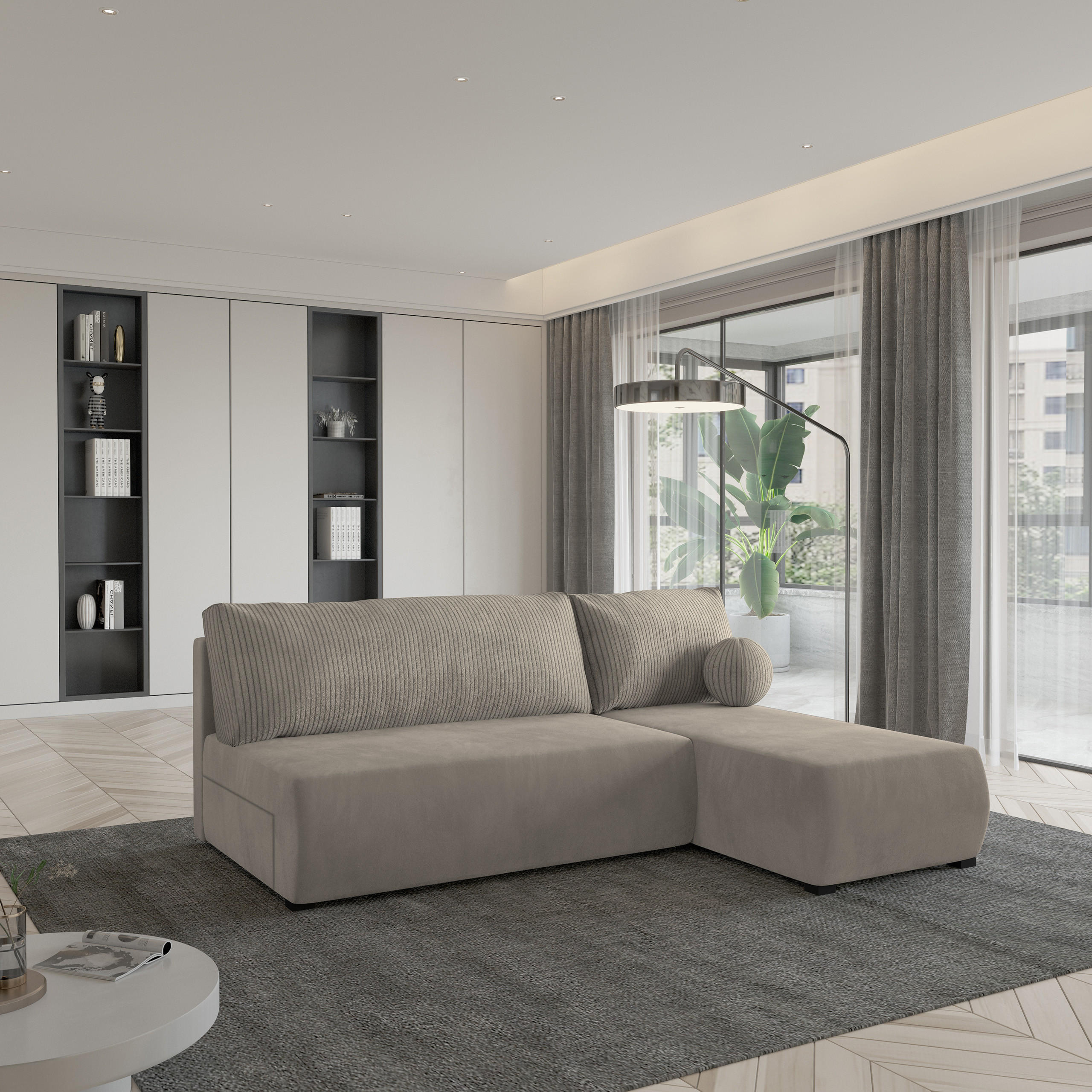 ECKSOFA PARVELO Beige Plüsch-Stoff mit Schlaffunktion - Beige, Holz (200/143cm) - MASSENO