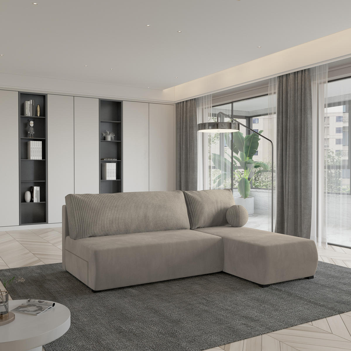 ECKSOFA PARVELO Beige Plüsch-Stoff mit Schlaffunktion - Beige, Holz (200/143cm) - MASSENO