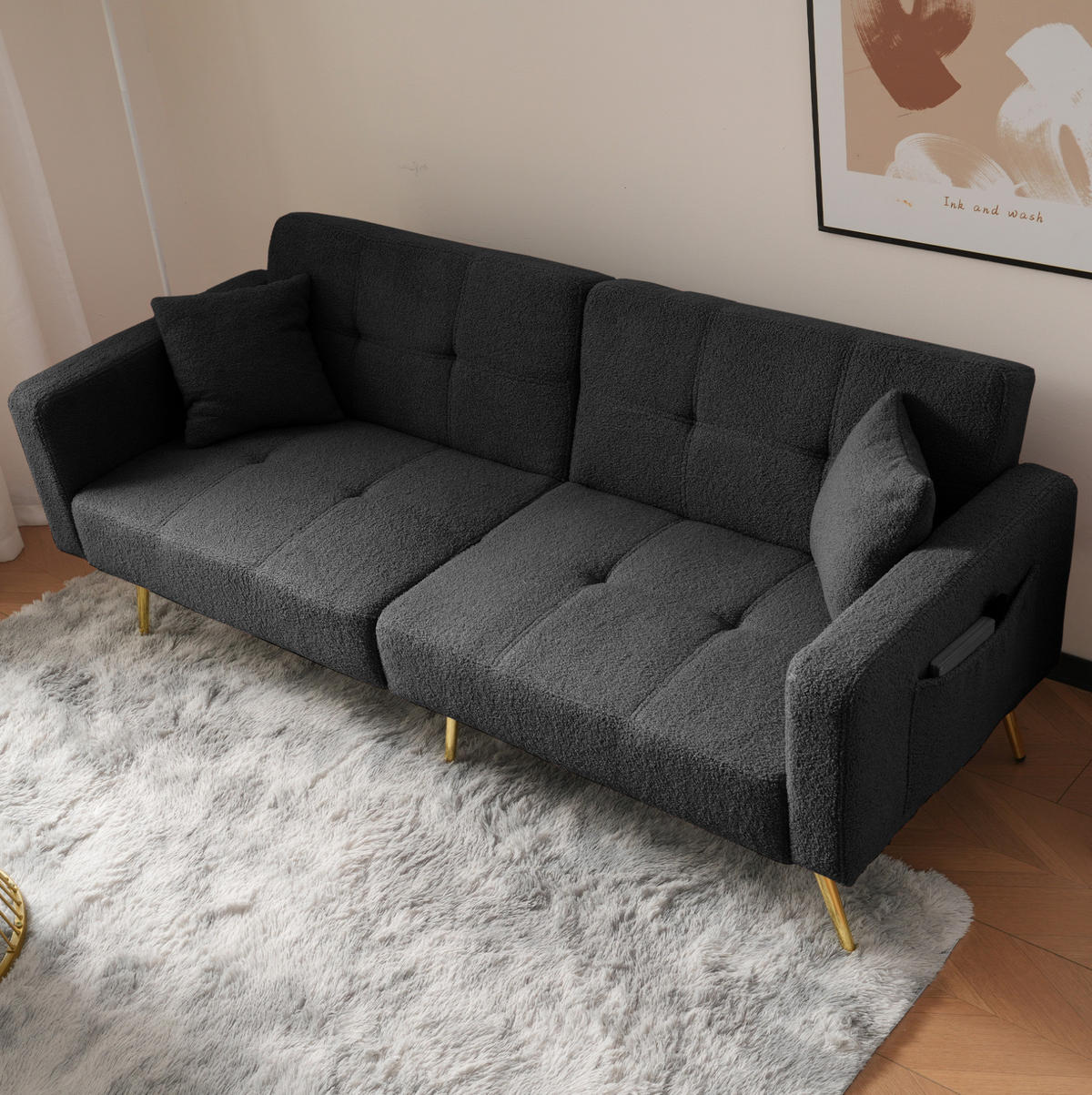 SCHLAFSOFA Lammwollstoff mit verstellbarer Rückenlehne und Seitentaschen Antikgrau 175/64/72 cm - Grau, Textil (64/72/175cm) - Redom