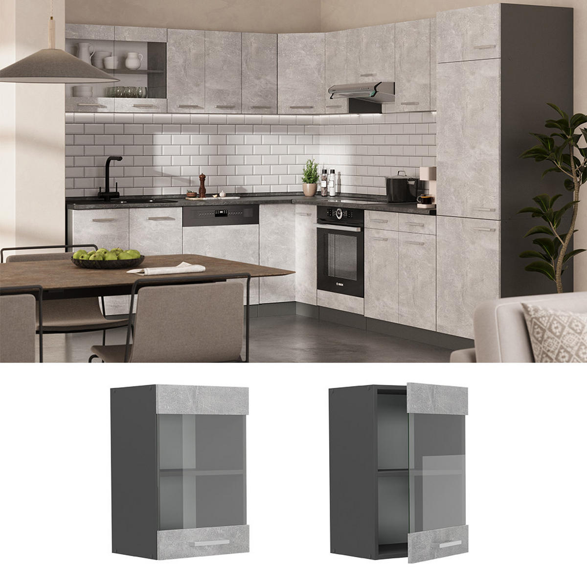 KÜCHENGLASHÄNGESCHRANK R-Line Beton 40 cm - Schieferfarben/Anthrazit, Holzwerkstoff (40/60/31cm) - Vicco