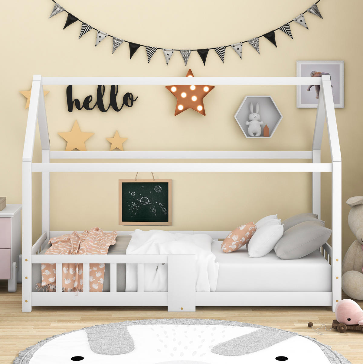 HAUSBETT 90/200 cm Weiß aus Kiefernholz mit Tafel und Rausfallschutz - Weiß, Holz (90/200cm) - OKMYHOME