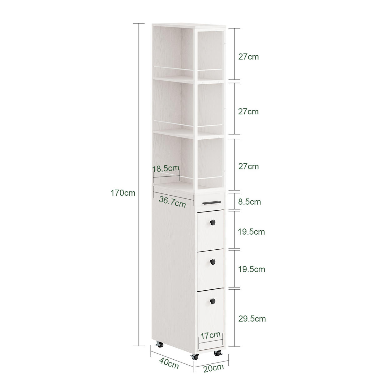 VYSOKÁ boční skříňka do koupelny s kolečky a zásuvkami - bílá, kožešina (20/170/40cm) - SoBuy