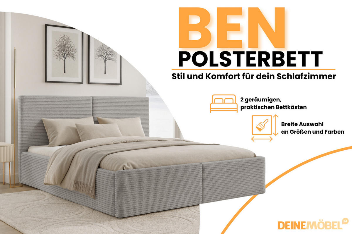 POLSTERBETT BEN 140/200 in Cord Hellgrau - Hellgrau, Holz/Holzwerkstoff (140/200cm) - Deine Möbel 24