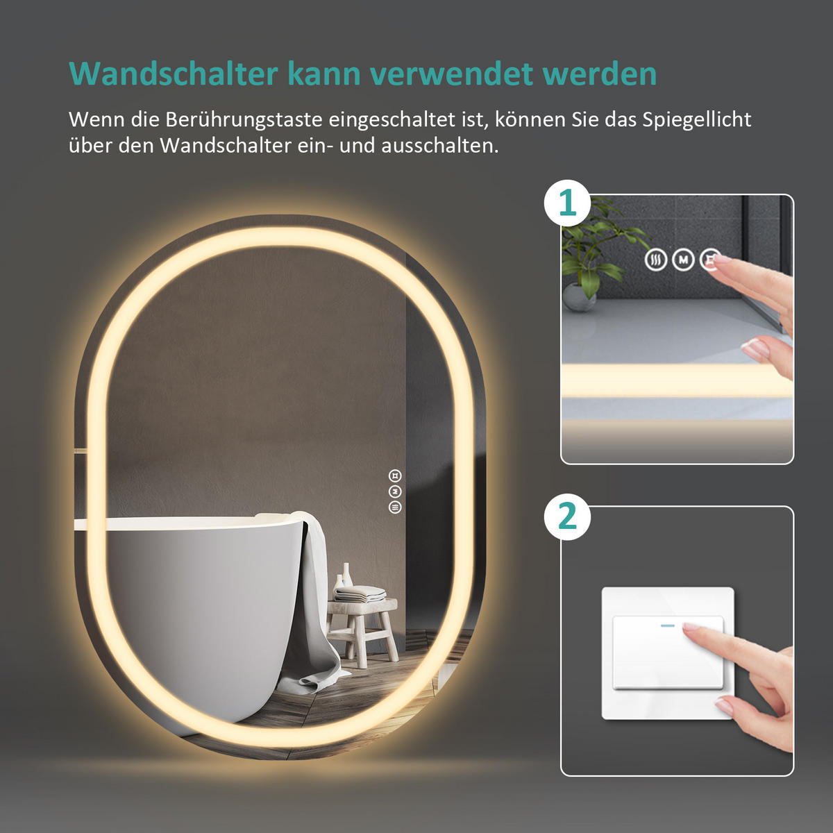 BADSPIEGEL ovale mit Beleuchtung mit Anti-Beschlag 80/60 cm - Weiß, Glas (60/2.5/80cm) - EMKE
