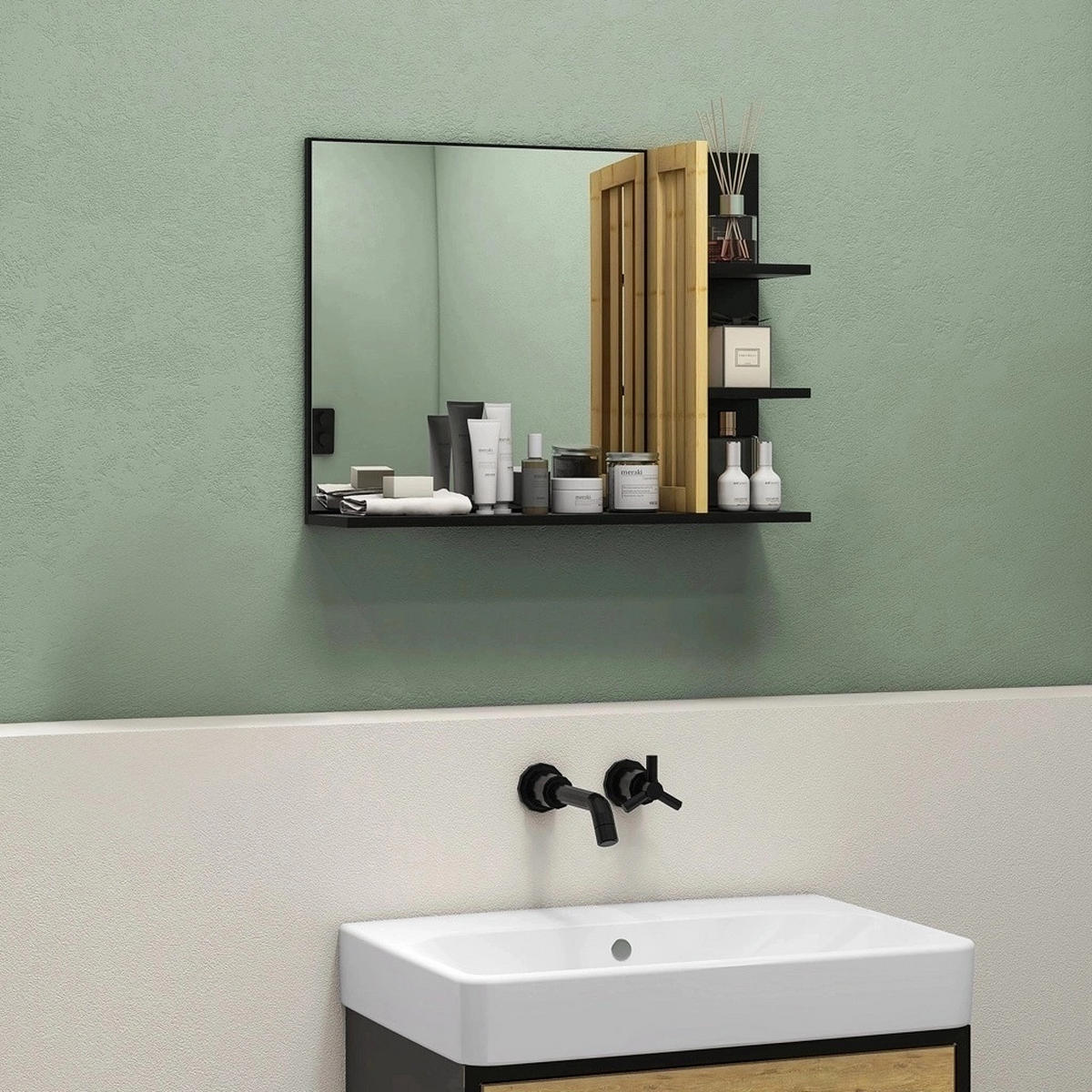 SPIEGELSCHRANK, vierstufiger Wandspiegel aus Holz fürs Badezimmer, 45 x 15 x 58,5 cm ,Schwarz - Schwarz, Glas (45/58.5/15cm) - Vallsero