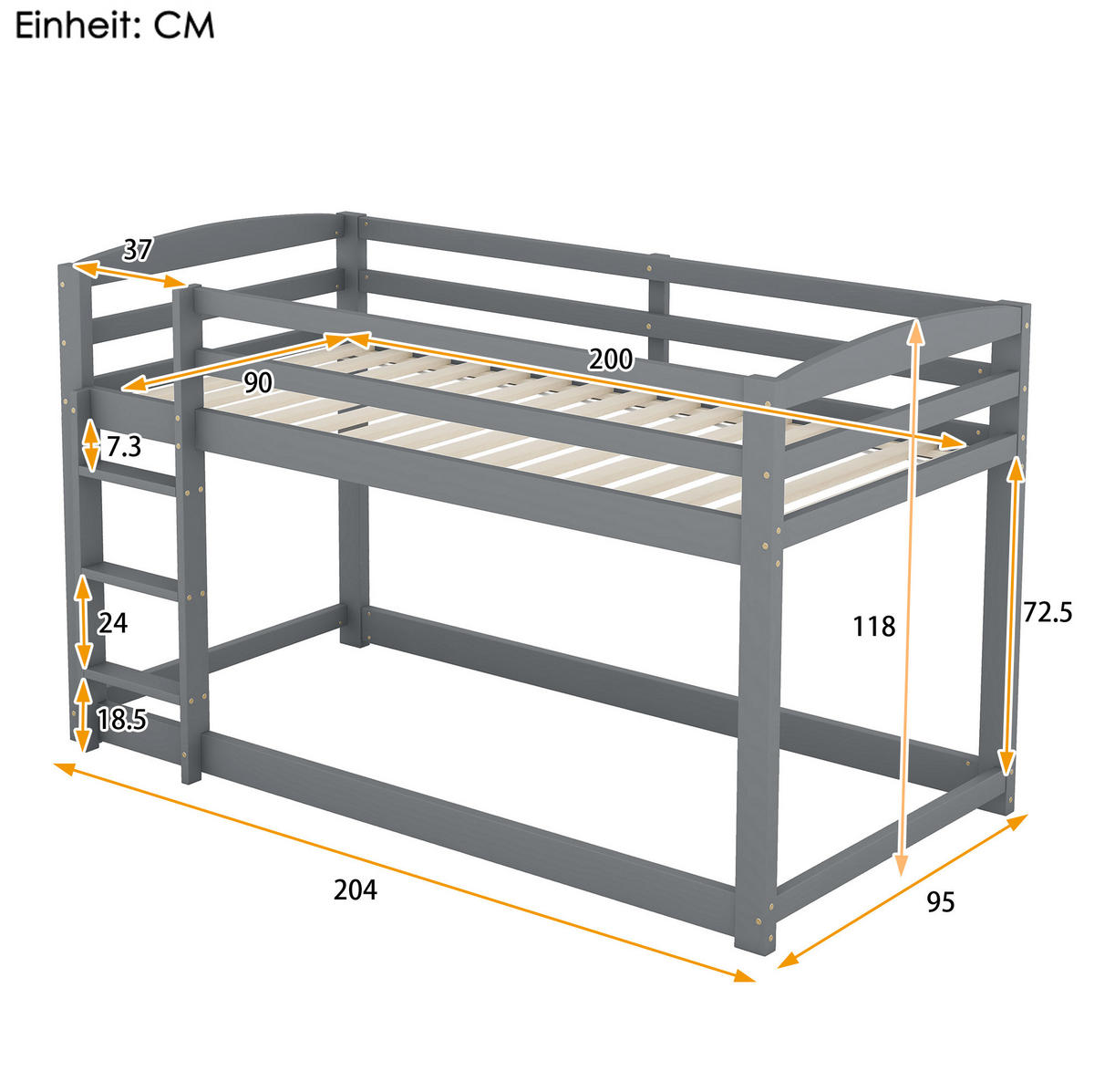 ETAGENBETT 90/200 cm Grau aus massiver Kiefer mit stabilem Geländer - Grau, Holz (90/200cm) - OKWISH
