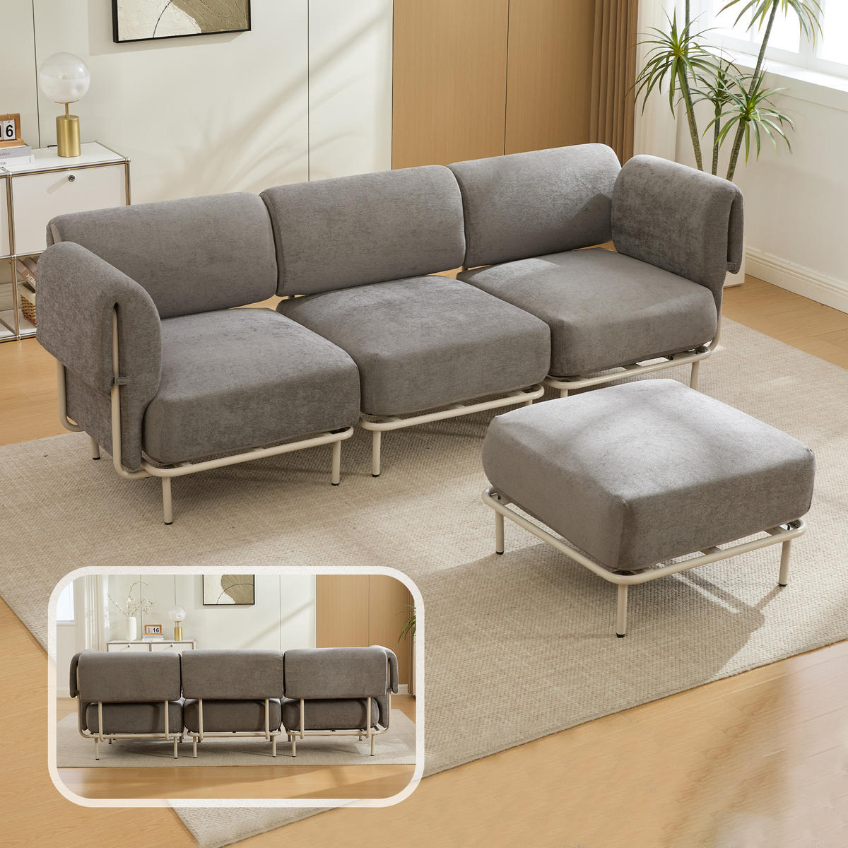 ECKSOFA 251/155/78 cm Grau Chenille mit 1 Fußhocker - Grau, Textil (155/251cm) - Oxeza