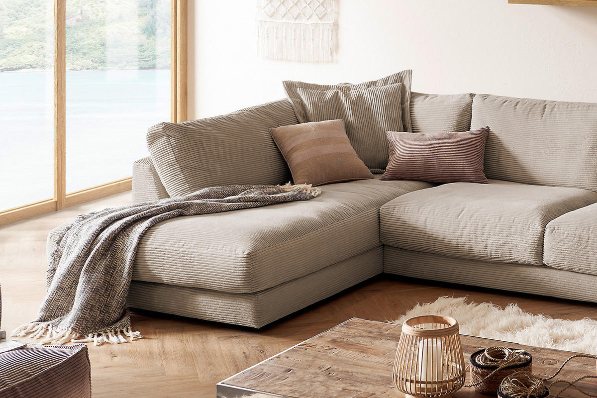 WOHNLANDSCHAFT MADELINE Taupe Cord - Taupe/Schwarz, Kunststoff/Textil (425/86/224cm) - KAWOLA