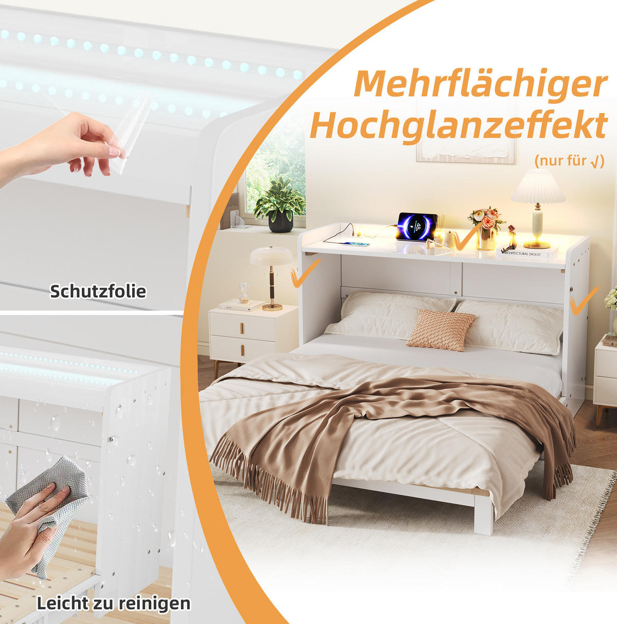 SCHRANKBETT aus MDF 140x200 cm Weiß mit USB, Steckdose, LED-Beleuchtung, Schubladen und Hochglanzfront - Weiß, Holzwerkstoff (90/200cm) - Modfu
