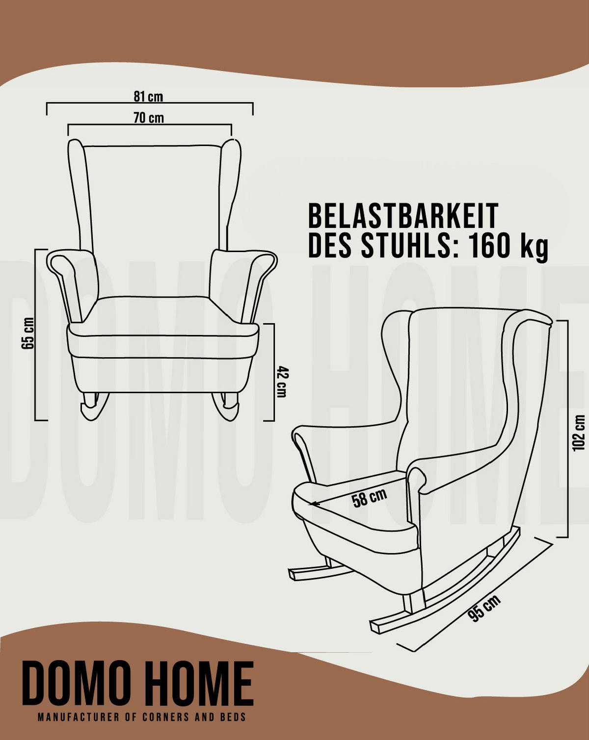 SCHAUKELSESSEL mit gepolstertem Sitz und Armlehnen, 102x81x95 cm, Dunkelbraun_29828 - Haselnussfarben/Braun, Holz/Textil (81/102/95cm) - DomoHome
