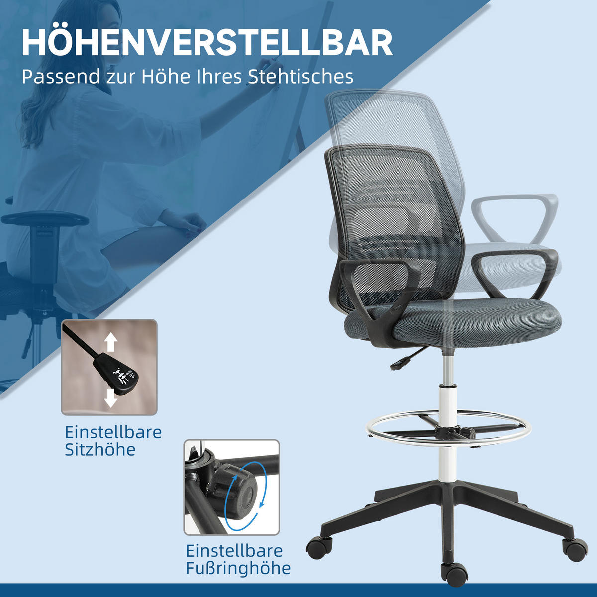BÜROSTUHL DE-05184 Mit Armlehnen, Fußring & Netzbespannung Grau - Grau, Kunststoff (66/120/68cm) - ComfortXL