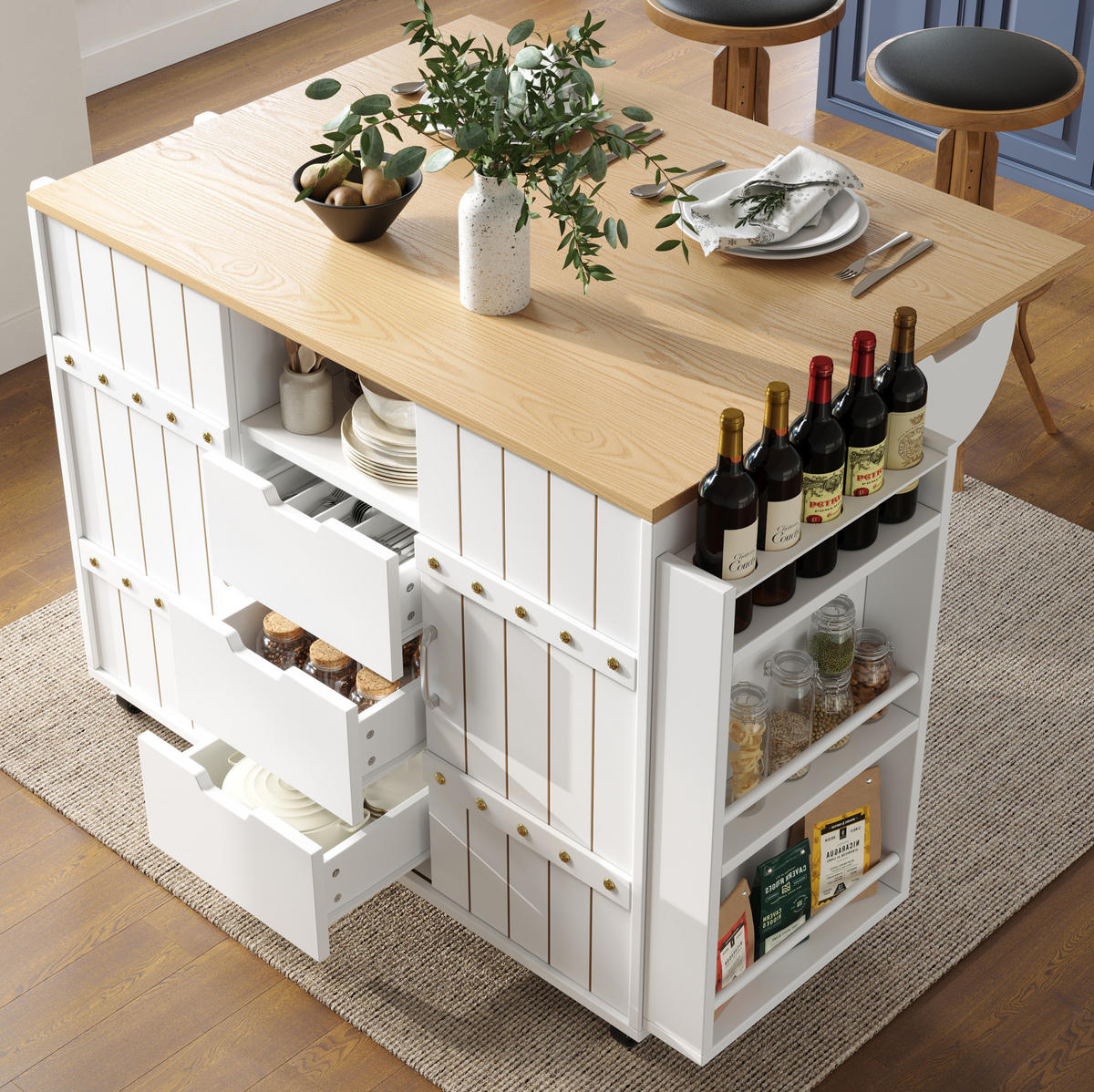 KÜCHENINSEL 110/42/90 cm aus MDF mit klappbarer Tischplatte und Schiebetüren Weiß - Weiß, Holzwerkstoff (110/90/42cm) - Modenvie