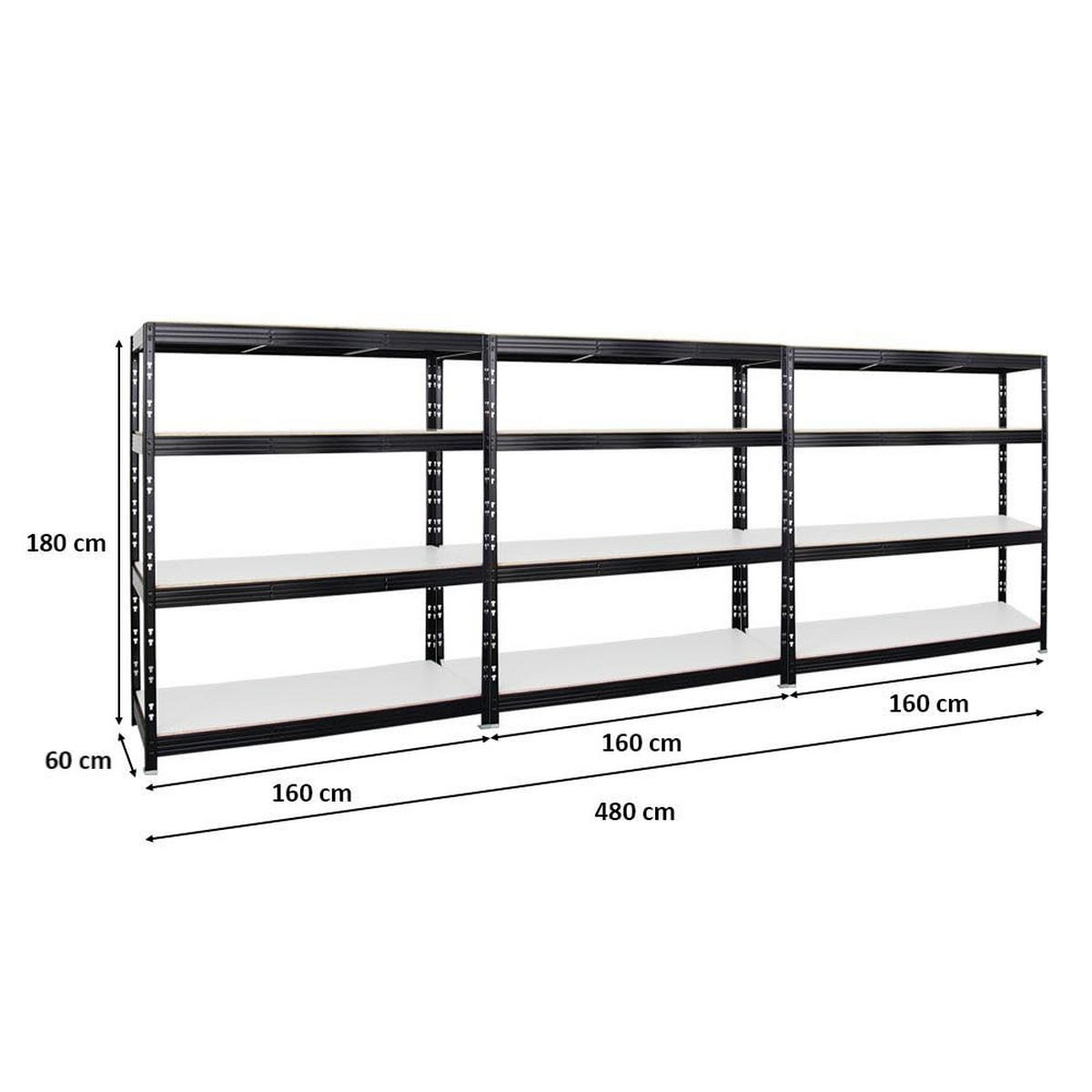 SCHWERLASTREGAL Rhino 3er-Set mit 3x 180x160x60 cm 4 Melamin-Ebenen 16mm Fachlast 500 kg Schwarz - Schwarz, Metall (480/180/60cm) - PROREGAL