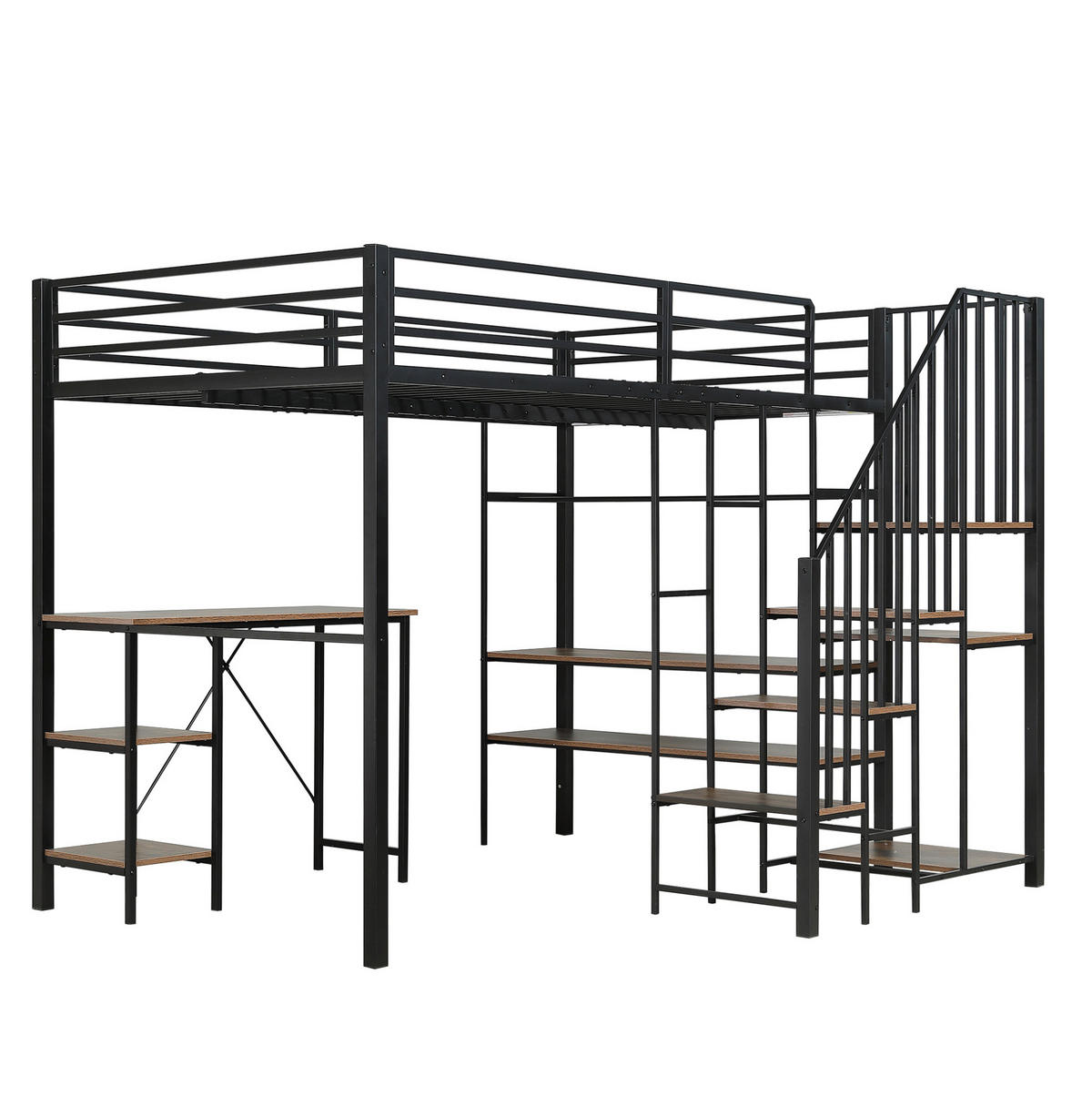 ETAGENBETT 120/200 cm mit Schreibtisch, Regal, offenem Kleiderschrank und Eckleiter, Schwarz - Schwarz, Holzwerkstoff (120/200cm) - Redom