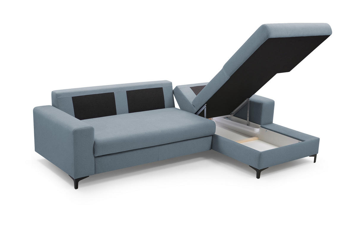 ECKSOFA AVRA L-förmig, mit Stauraumbehälter-in RINO-Stoff, Komfort & Eleganz, lose Rückenkissen, freistehend, RECHTS 251x165x85 cm Blue - Blau, Holz/Textil (251/165cm) - DomoHome