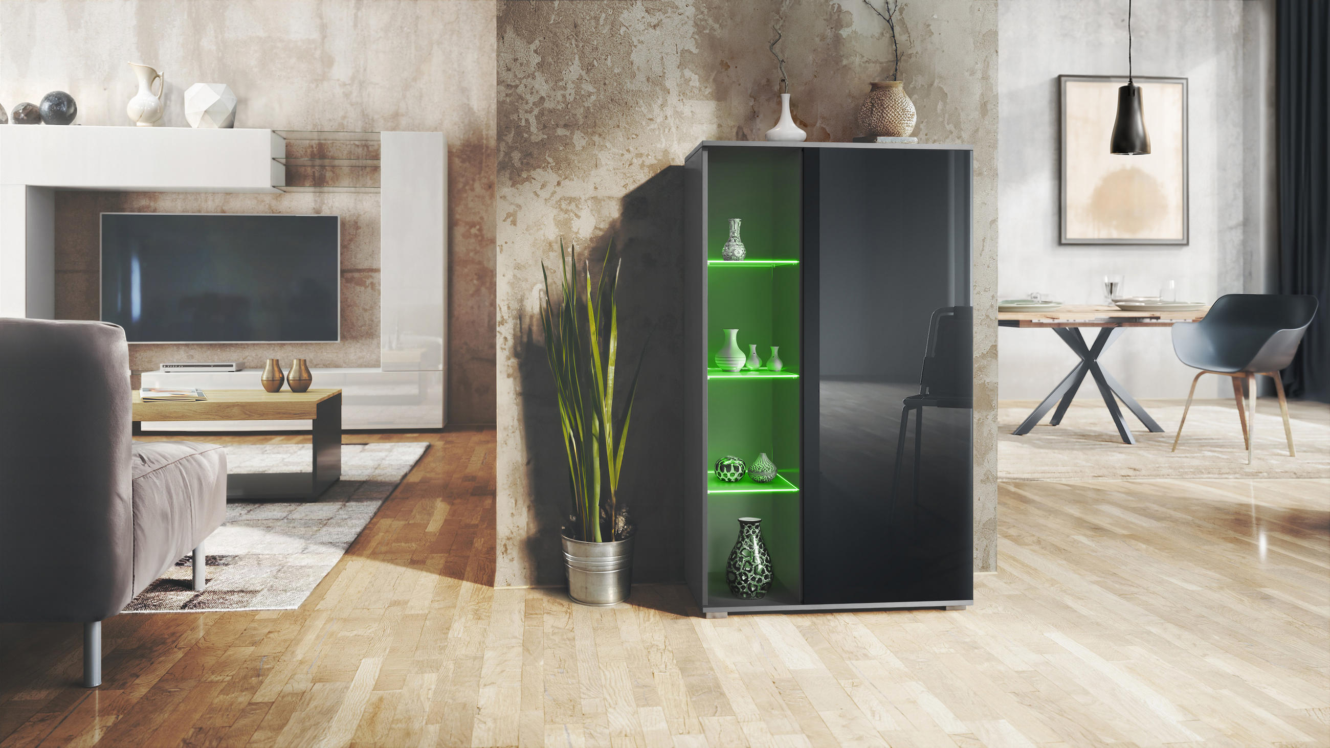 VITRINE Davos Schwarz Hochglanz - Schwarz Hochglanz, Holzwerkstoff (71.5/134/35cm) - Vladon