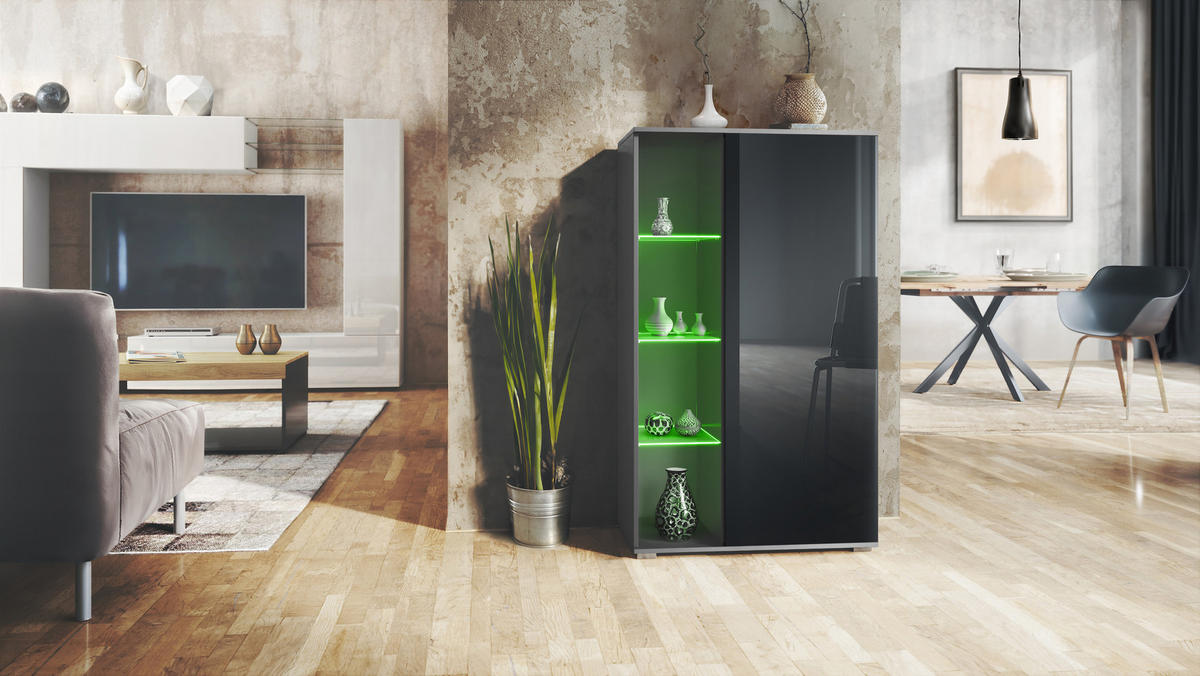 VITRINE Davos Schwarz Hochglanz - Schwarz Hochglanz, Holzwerkstoff (71.5/134/35cm) - Vladon