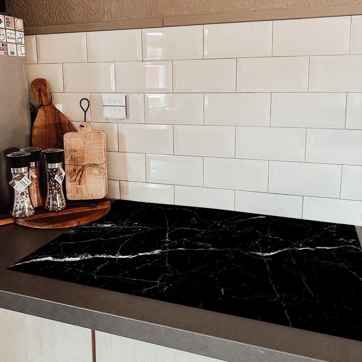 HERDABDECKPLATTE Marmoroptik - Schwarz - Luxus Ceranfeldabdeckung 85x52 cm - Grau, Kunststoff (85/52/0.2cm) - MuchoWow