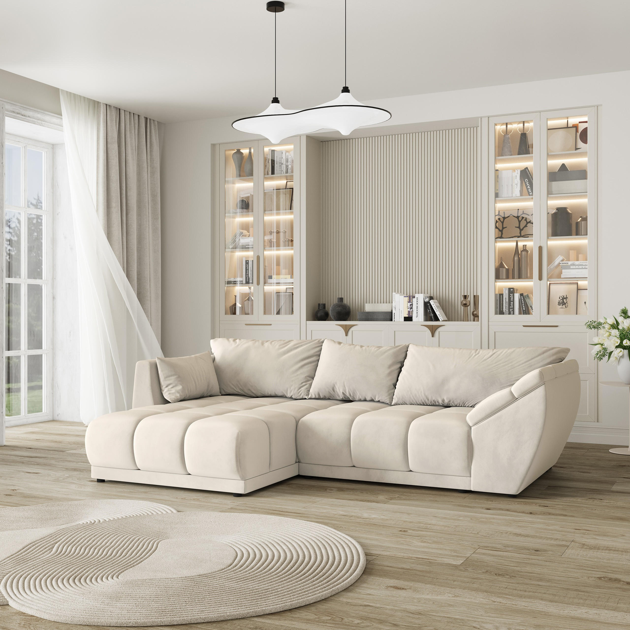 ECKSOFA ORENTI L-S Creme Velours-Stoff mit Schlaffunktion - Creme, Holz (287/182cm) - MASSENO