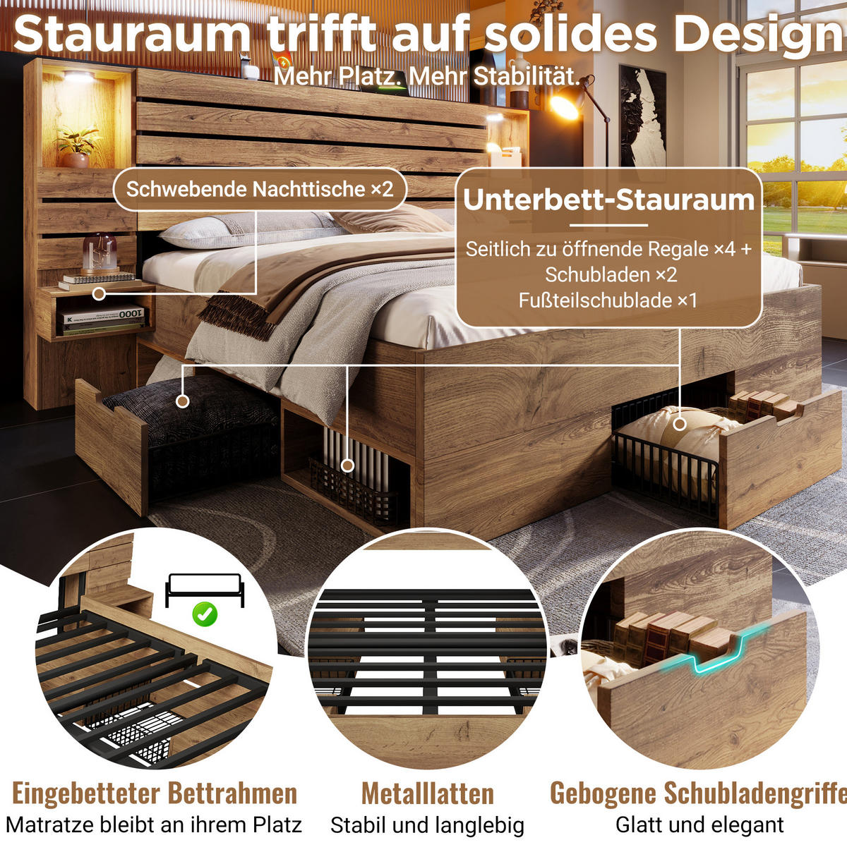 MANŽELSKÁ postel 160/200 cm dubová z MDF a kovu s LED osvětlením USB-C a úložným prostorem - barva dubu, kompozitní dřevo (160/200cm) - OKWISH
