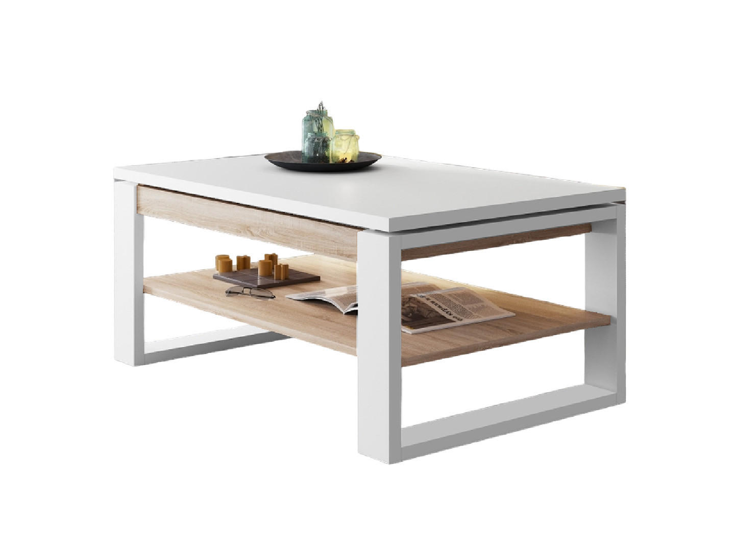 COUCHTISCH rechteckig Weiß - Sonoma aufklappbar 110/65/50 cm - Weiß/Sonoma Eiche, Holzwerkstoff (65/110/50cm) - designimpex