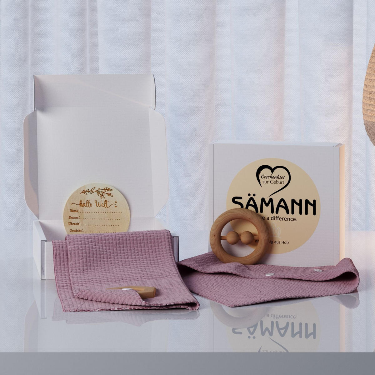 BABY Geschenkset 4-tlg. zur Geburt mit Halstuch, Rassel, Karte, Schmusetuch altrosa - Altrosa, Textil (10/10cm) - Sämann – make a difference.