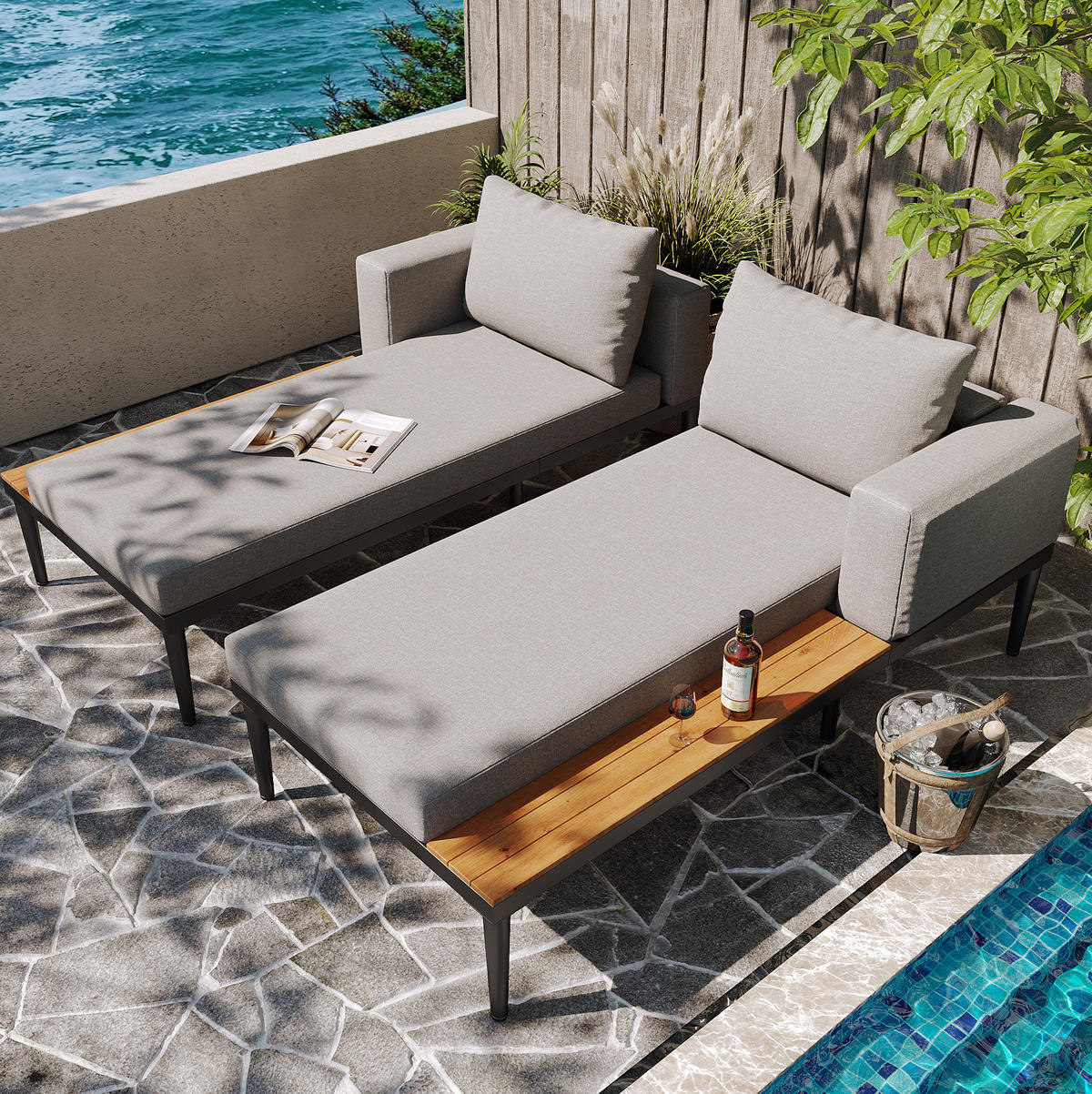 GARTENLIEGE 150/140/30 cm grau aus Metall und Polyester teilbar - Grau, Metall (150/30/140cm) - OKWISH