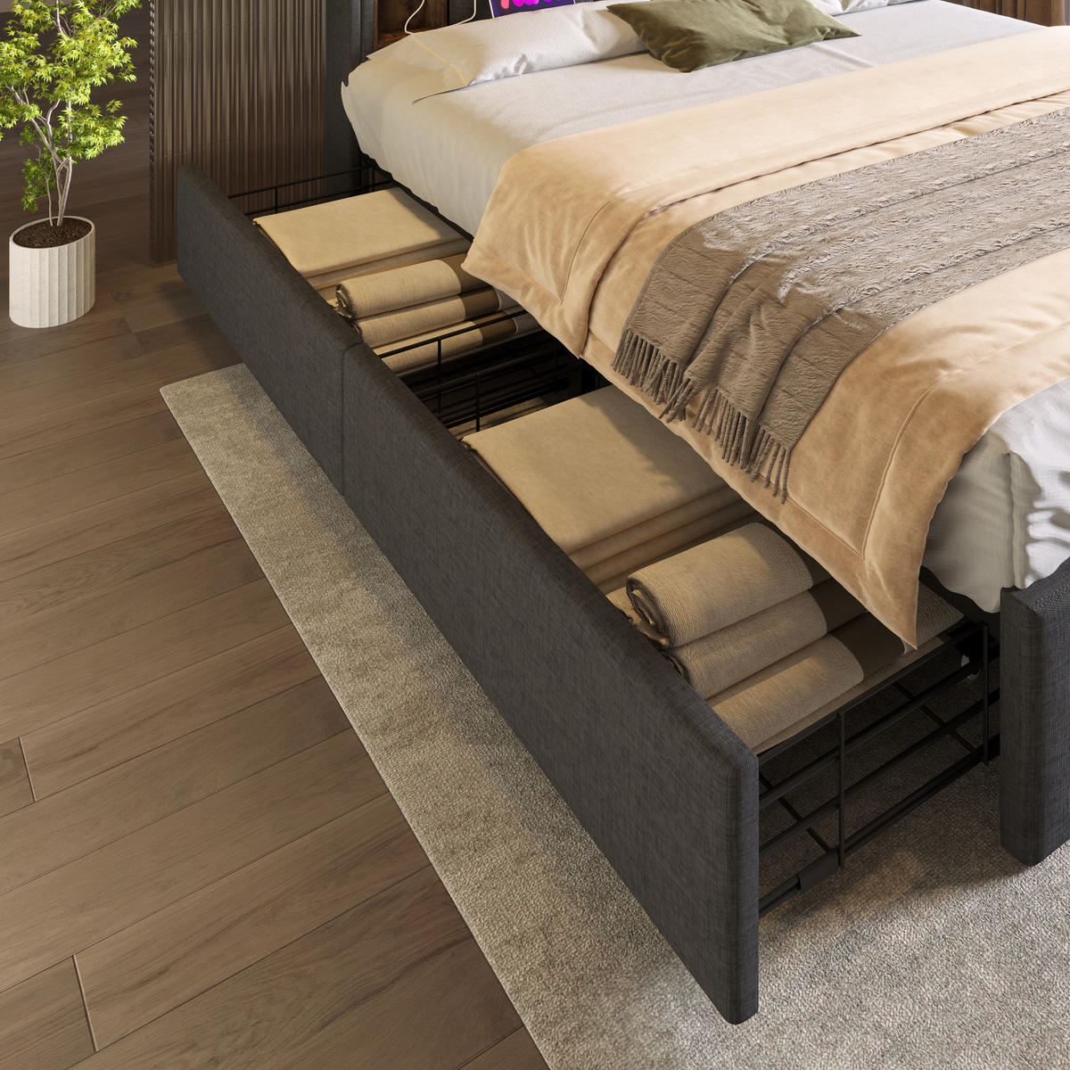 POLSTERBETT 160/200 mit 4 Schubladen, kabellosem Laden, USB und Type-C in Grau - Grau, Holzwerkstoff/Textil (160/200cm) - EVRYAE