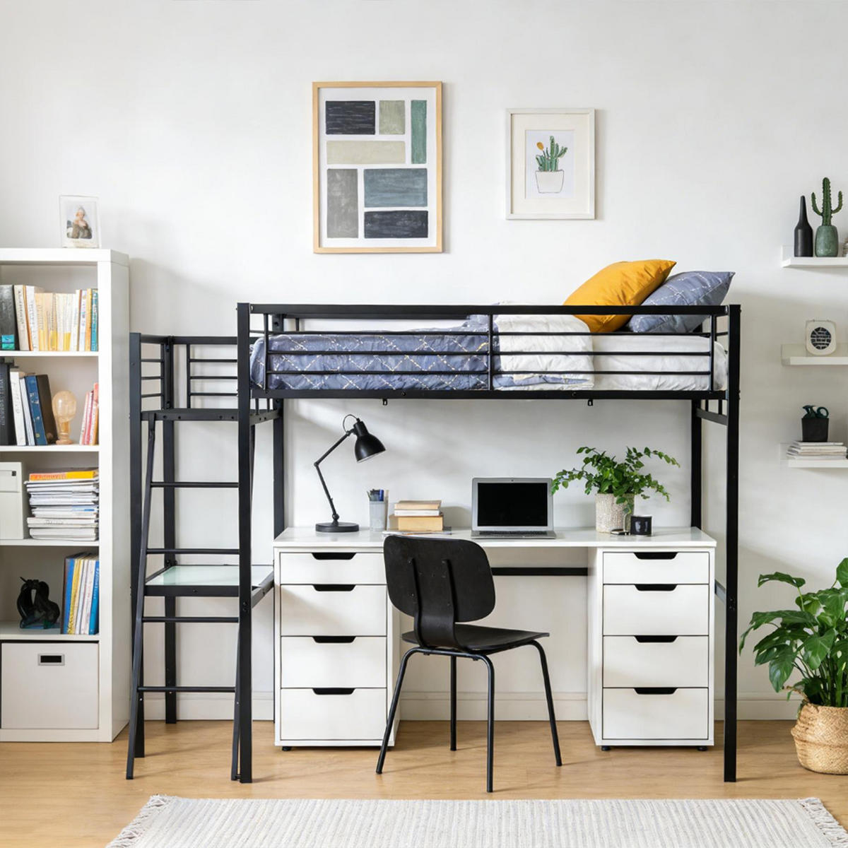 HOCHBETT Metall Schwarz 140x200 cm – Loftbett mit Arbeitsbereich, Leiter und Sicherheitsgeländer - Schwarz, Metall (145.5/201cm) - Meubles Cosy