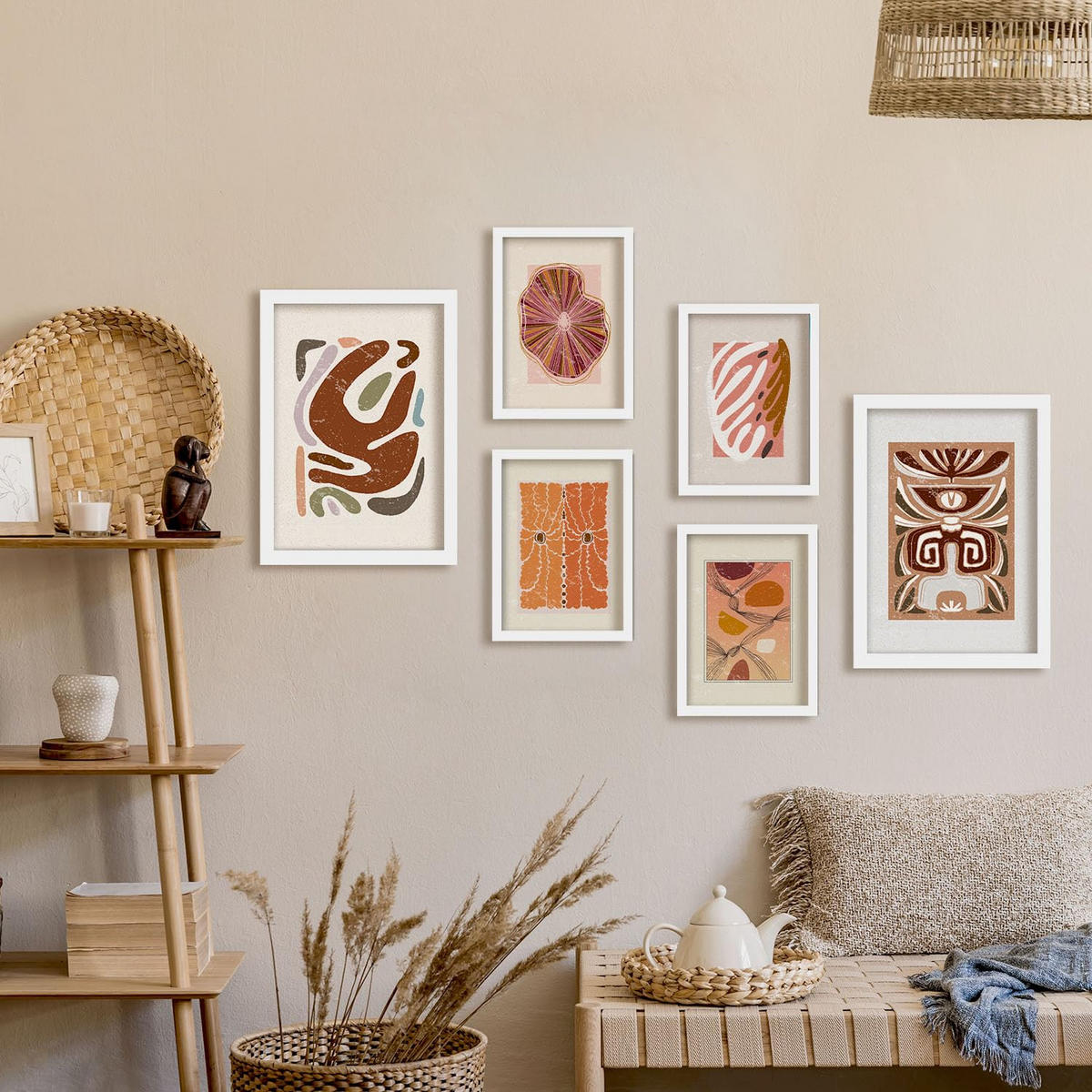 POSTER Set Mit 6 Rustikalen In Ethnischen Style Printkollektionen Dekorative Rahmen Für Ihr Wohnzimmer Zuhause Wandkunstdruck A3 & A4 Weißer Rahmen - Weiß, Papier (29/3cm) - Nacnic