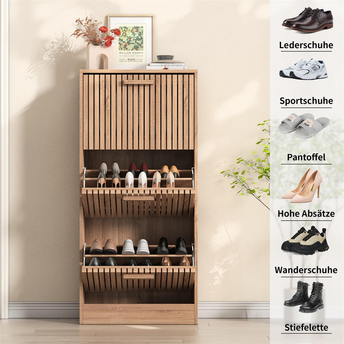 SCHUHSCHRANK im modernen Design - Kompakter Kipp-Schuhkipper mit Klappen - Schuhkipper mit gerilltem Design - Eichefarben, Holzwerkstoff (34/113/60cm) - DELFA