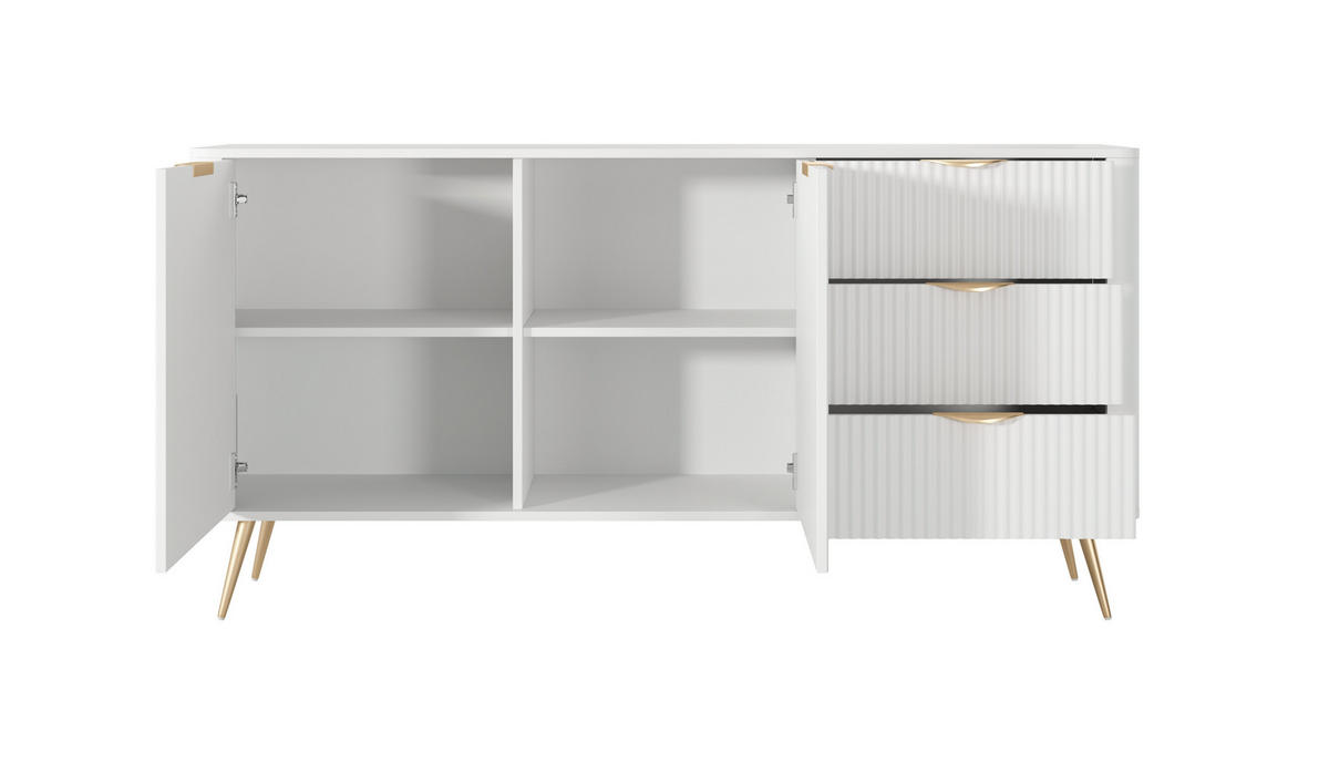 KOMMODE Lante Weiß, zweitürige mit Schubladen, Goldene Beine - Goldfarben/Weiß, Holzwerkstoff (163/81/38cm) - Bettso