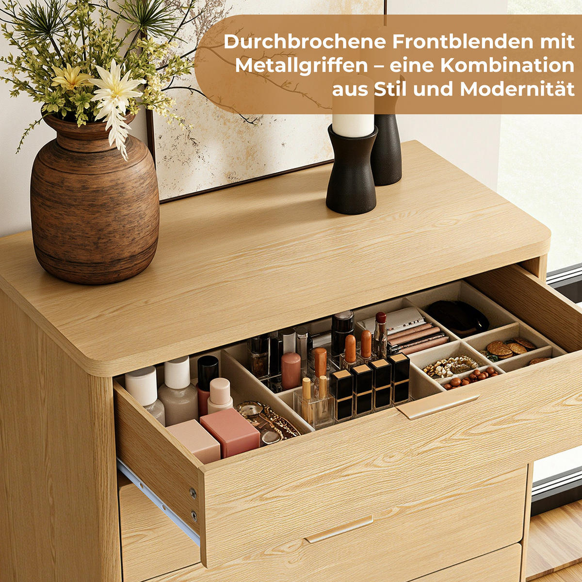 MODERNE Kommode mit fünf Schubladen, Eichenholzoptik, MDF | B 80 cm x T 40 cm x H 95 cm - Gelb/Hellgelb, Holz (80/95/40cm) - Hometopia
