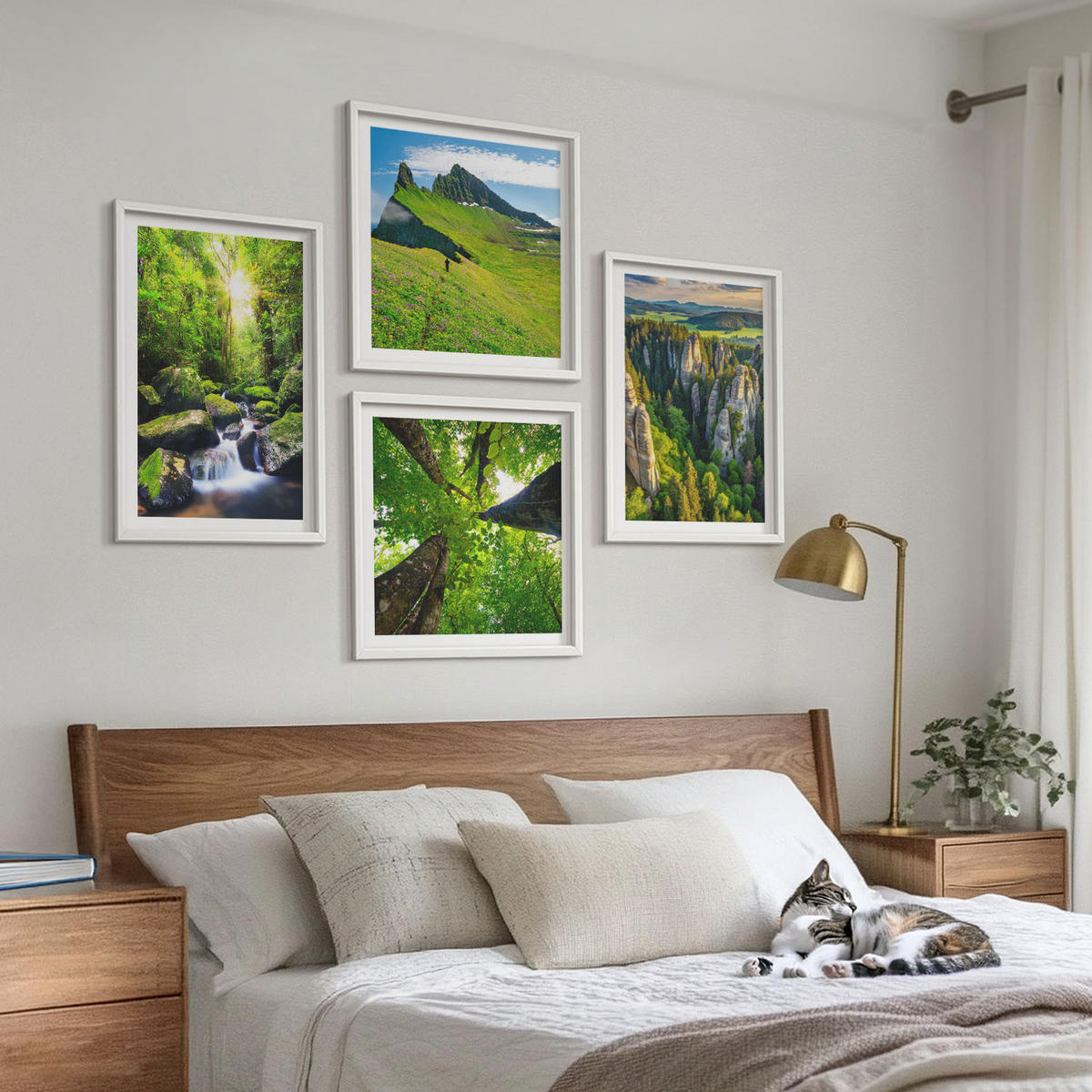 BILDER SET 4er Set - 50x50 cm & 40x60 cm Weißer Rahmen - Grüne Berge Wasserfallwald - Weiß, Kunststoff (50/50cm) - TULUP