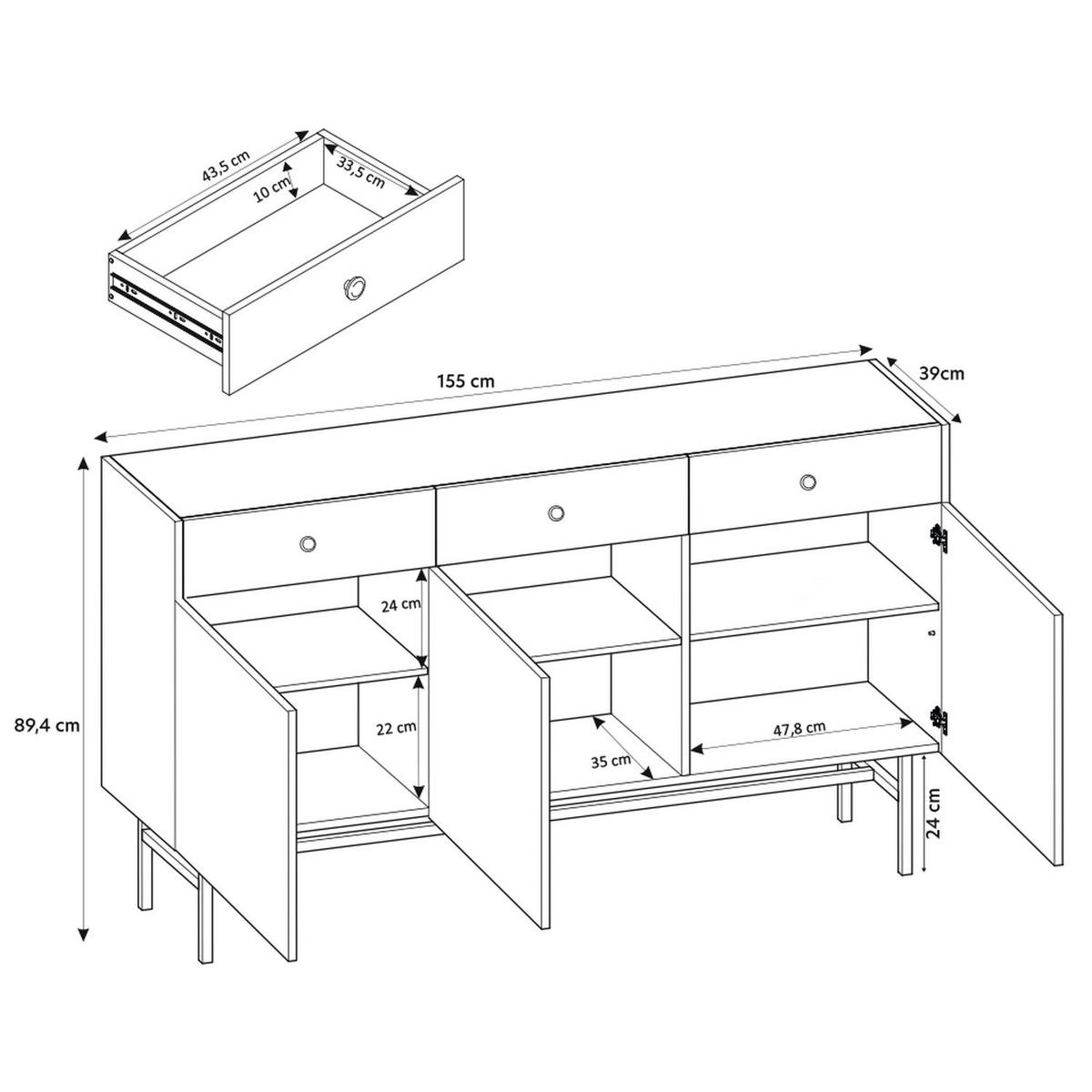 SIDEBOARD Divenos Schwarz / Holzoptik Eiche 155 cm - Eichefarben/Schwarz, Holzwerkstoff/Metall (155/89.4/39cm) - Selsey