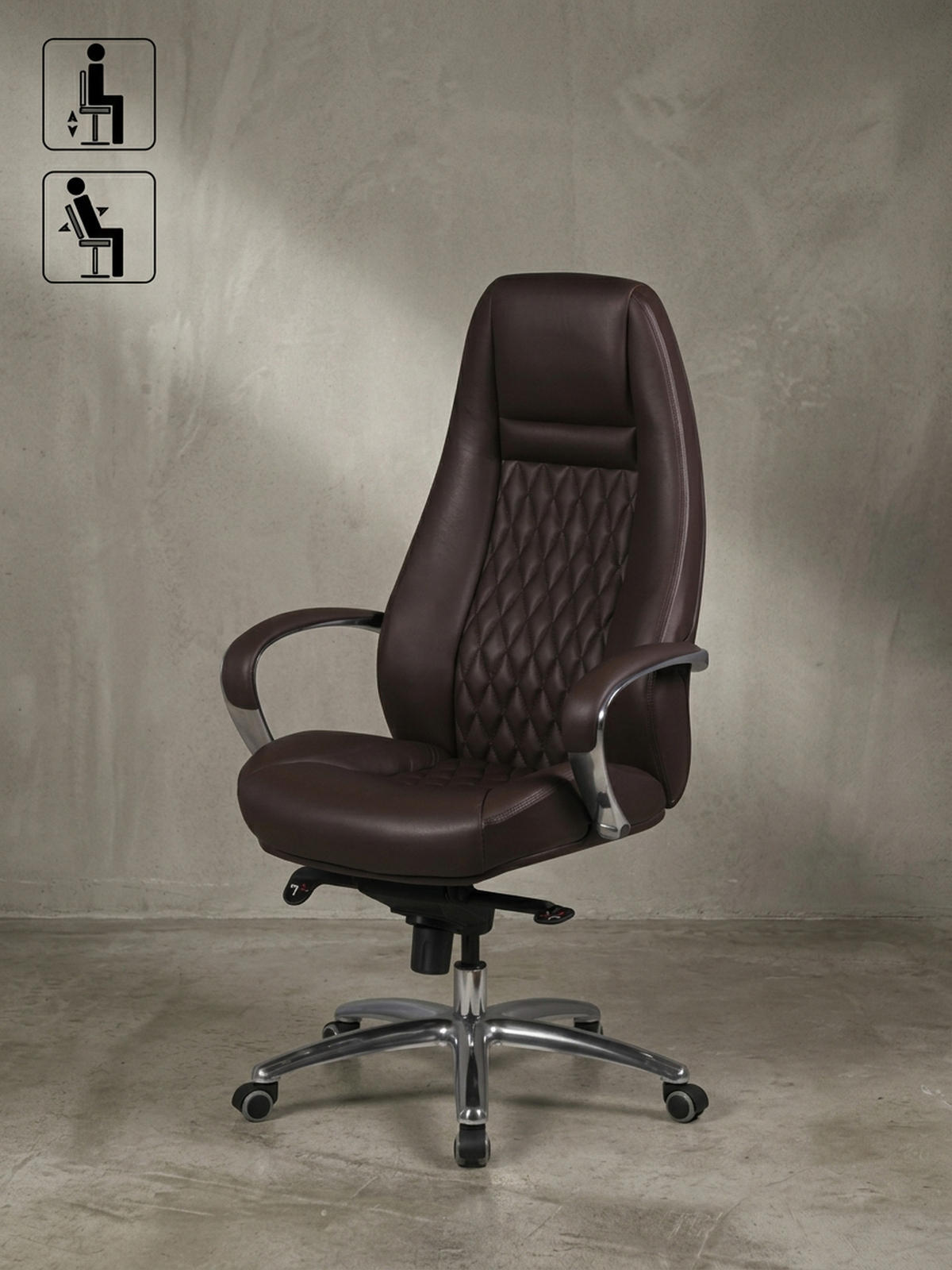 CHEFSESSEL Echtleder mit Aluminiumfußkreuz und ergonomischer Sitzform MADRID, Braun 70x68x130 cm - Silberfarben/Braun, Leder/Metall (70/130/68cm) - KADIMA DESIGN