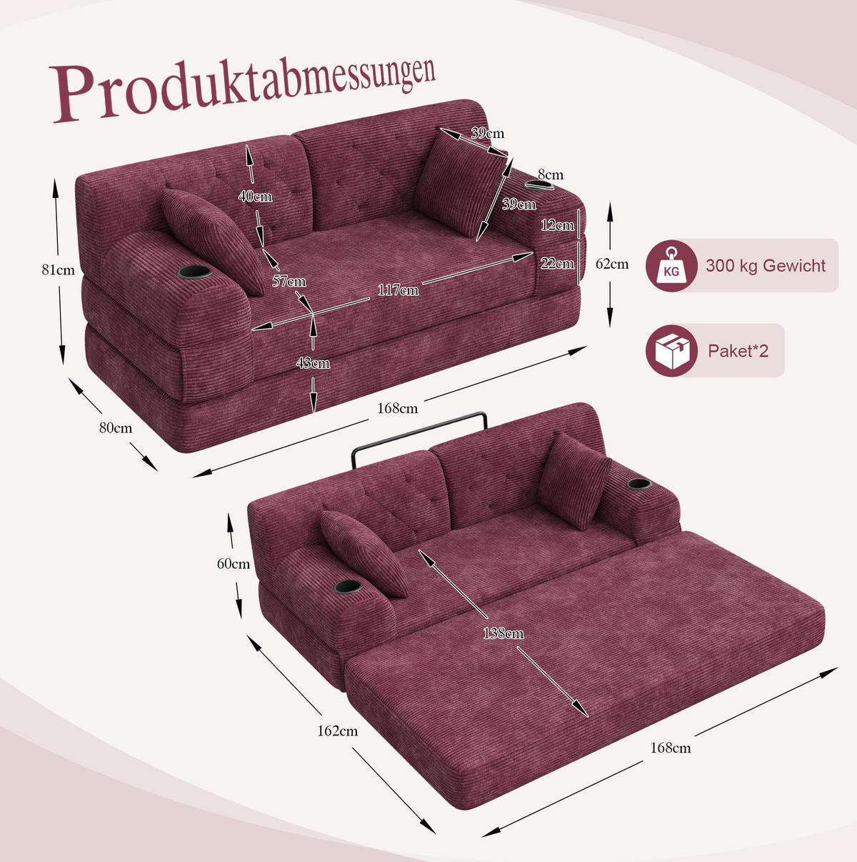 SOFA mit Schlaffunktion, hohe Rückenlehne, 168 x 80 x 81 cm, Cord, Wine Red - Rot, Kunststoff (80/81/168cm) - Meubliv