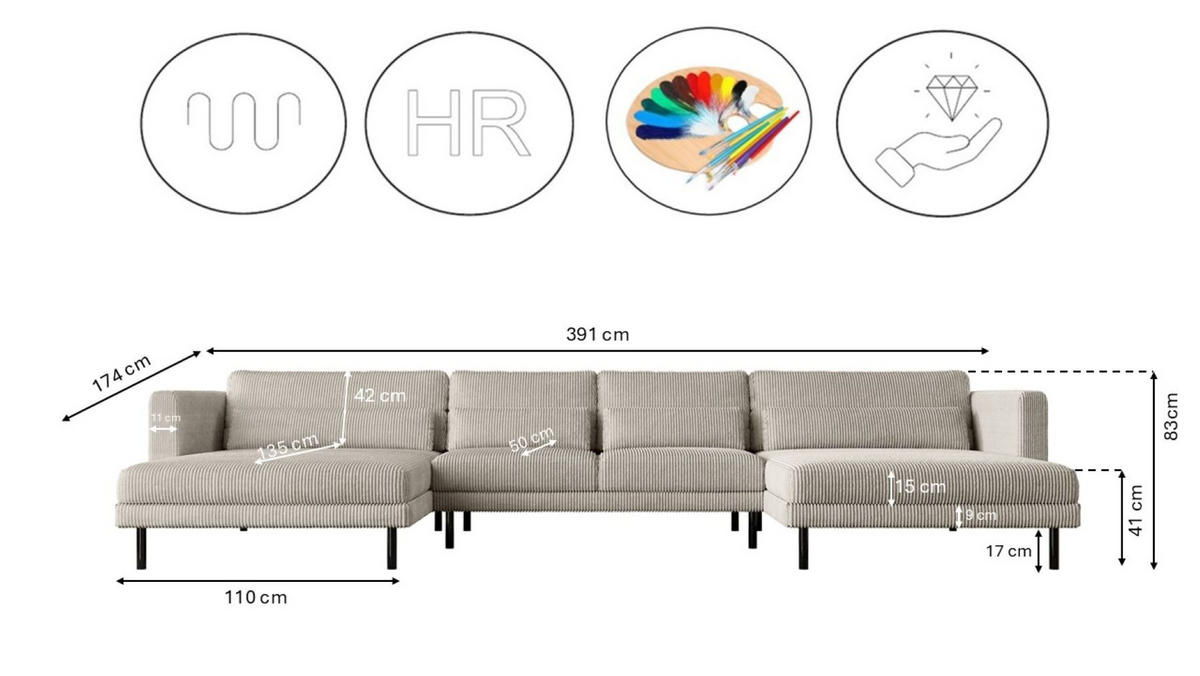 ECKSOFA DANI In U-Form Stilvolles Stoff Poso Beige - Beige, Holz/Textil (174/391cm) - Kaiser Möbel