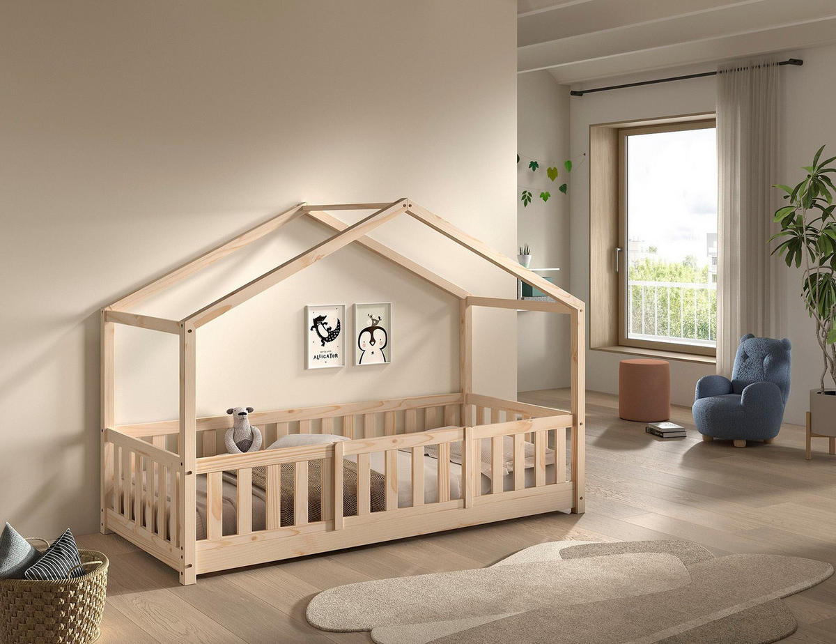 HAUSBETT Kapua 90x200 mit Rausfallschutz Kiefer Massivholz Natur - Kieferfarben, Holz (90/200cm) - 58aufmkessel