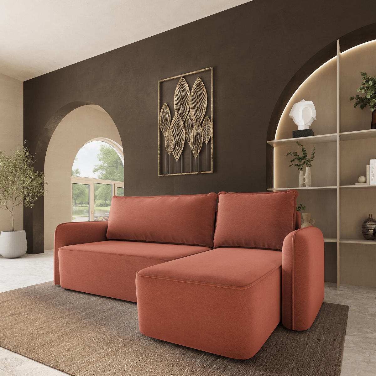 ECKSOFA DOLVER CL Koralle Samtstoff mit Schlaffunktion - Koralle, Holzwerkstoff/Textil (238/156cm) - MASSENO