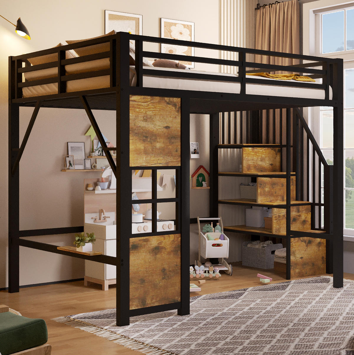 HOCHBETT 140/200 cm aus MDF und Metall mit Ablageleiter, Schwarz - Schwarz, Holzwerkstoff (140/200cm) - OKMYHOME