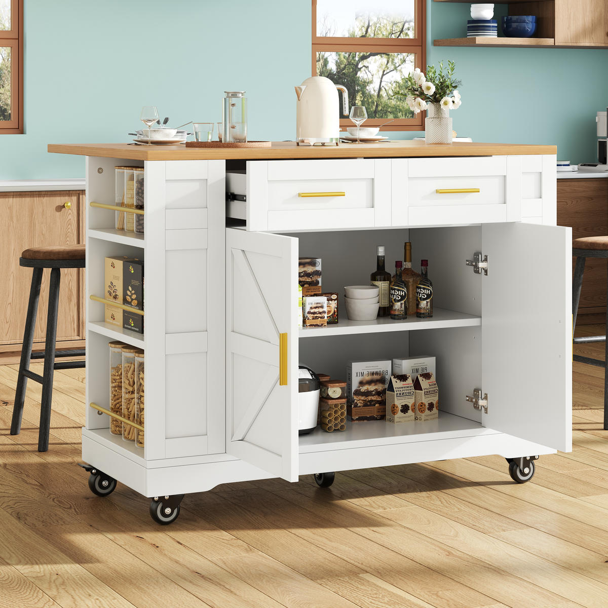 KÜCHENINSEL faltbar 120x65x90cm Weiß mit 3D Türen & 2 Schubladen - Weiß, Holzwerkstoff (120/90/65cm) - Modfu