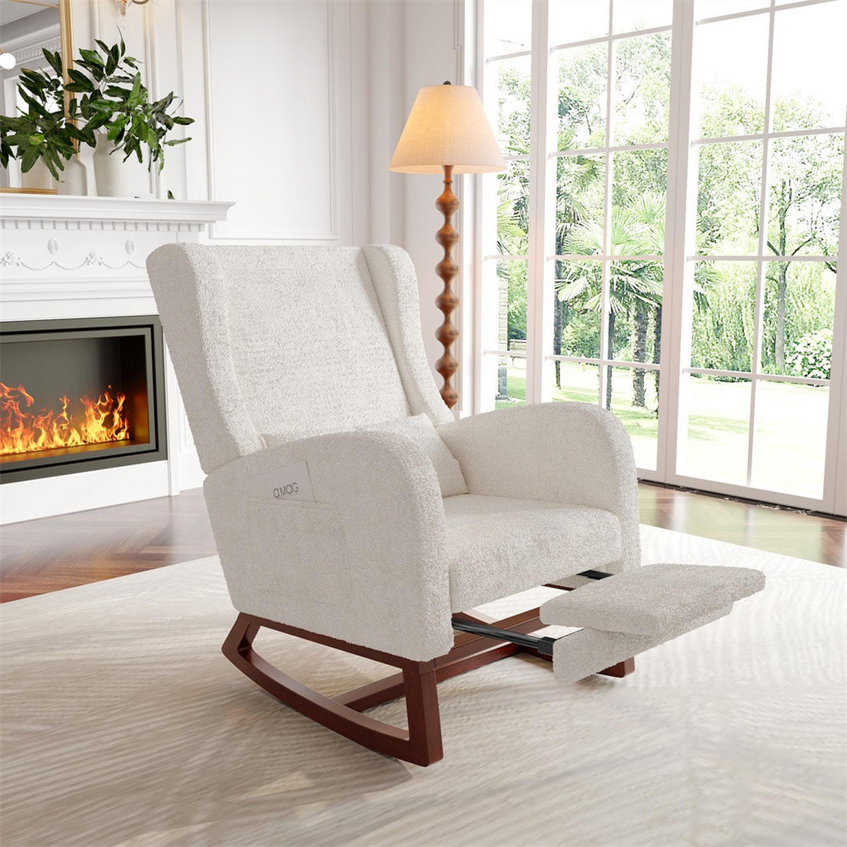SCHAUKELSTUHL mit integrierter Fußauflage - Relaxsessel mit praktischer Seitentasche - Weiß - Weiß, Textil (64/99/67cm) - DELFA