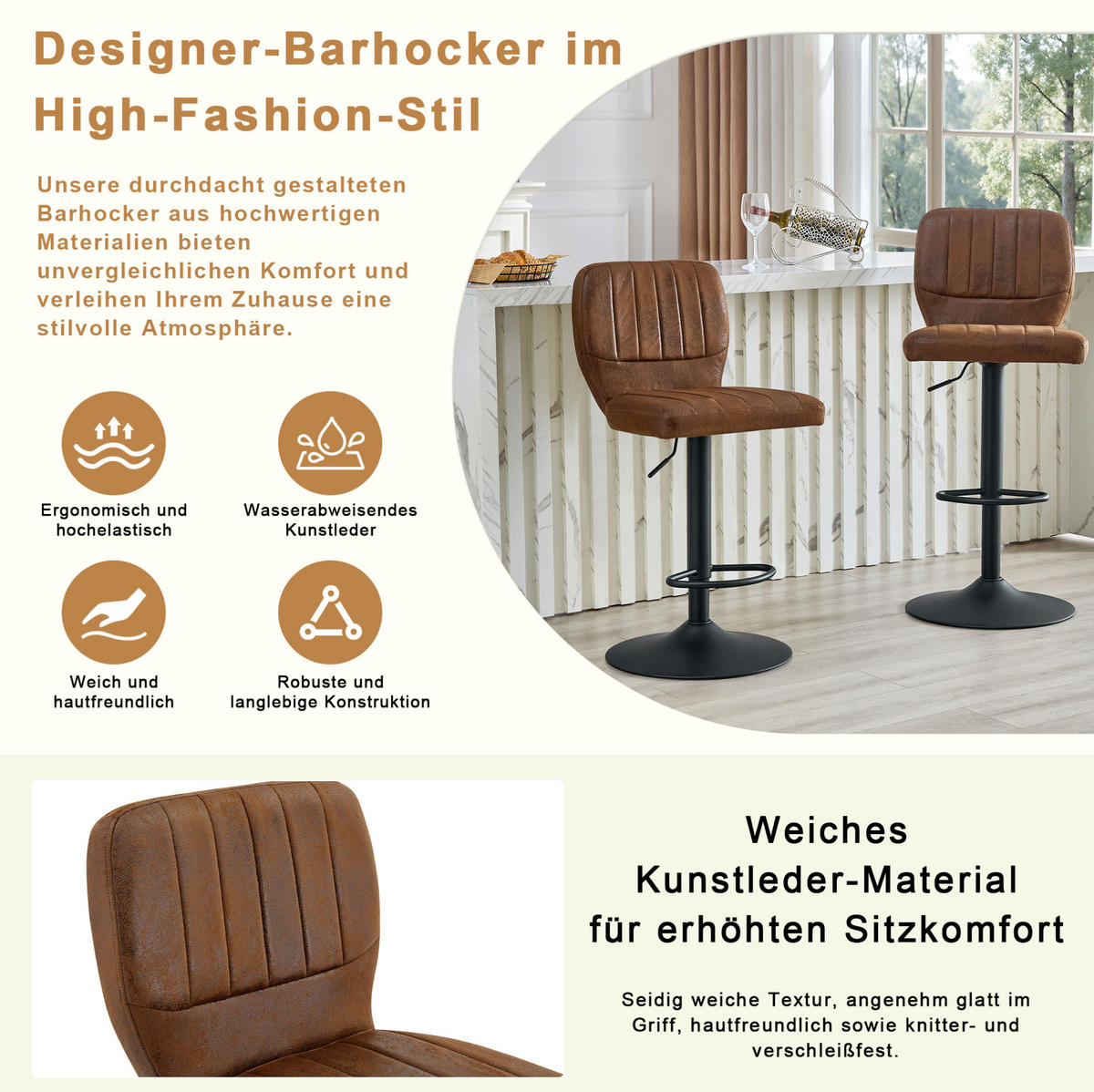 BARHOCKER höhenverstellbar 52 x 45 x 93-114 cm Schwarz/Braun - Schwarz, Metall (45/114/52.1cm) - Meubliv