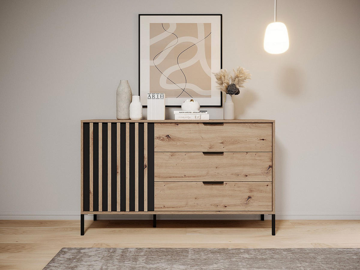 KOMMODE - 137.3 cm x 39.5 cm - holz - schwarz, naturfarben hell Ariada - Schwarz/Naturfarben, Holz/Metall (137/81.4/39cm) - Vente-Unique