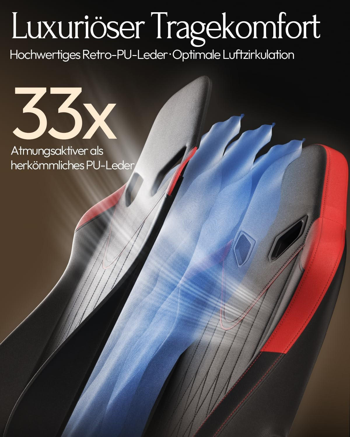 GAMING Stuhl mit Massagefunktion & Lendenwirbelstütze & Nackenstütze - Rot, Leder (56/123/70cm)