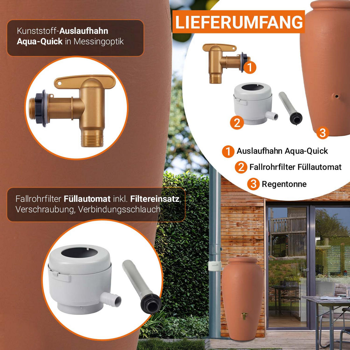 AMPHORE Regentonnen Komplett-Set 300 L kotta inkl. Kunststoff-Auslaufhahn und Fallrohranschluss - Terracotta, Kunststoff (68/129/68cm) - GARANTIA