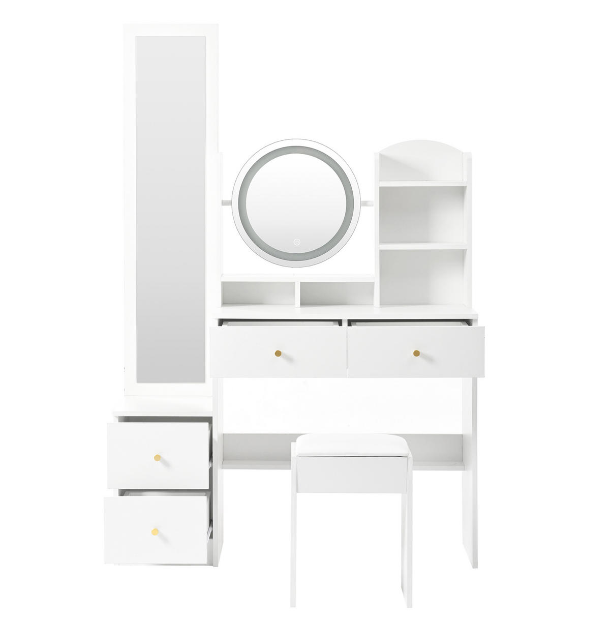 SCHMINKTISCH 109/36/164 cm Weiß mit LED-Beleuchtung und Hocker Ganzkörperspiegel - Weiß, Holzwerkstoff (36/164/109cm) - OKWISH